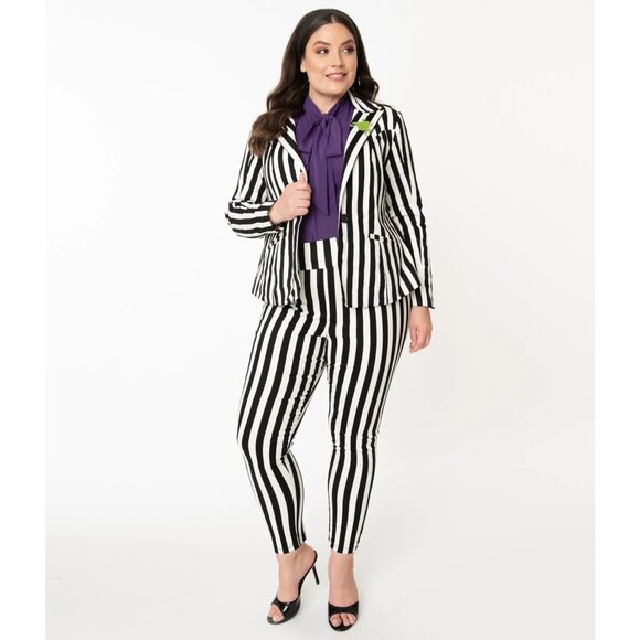Beetlejuice x Unique Vintage Black & White Striped Suit Costume | Size 14 - Picture 1 of 14